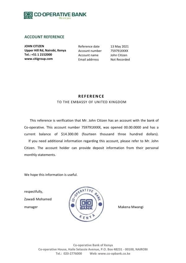 Kenya Co-operative bank account reference letter template in Word and PDF format Kenya Co-operative bank account reference letter template in Word and PDF format