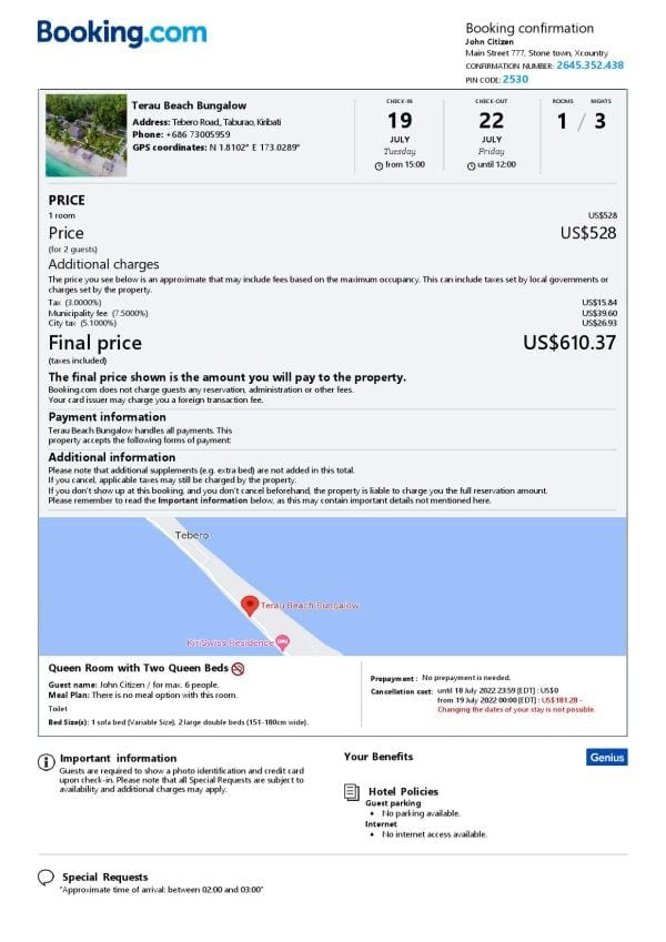 Kiribati hotel booking confirmation Word and PDF template, 2 pages f