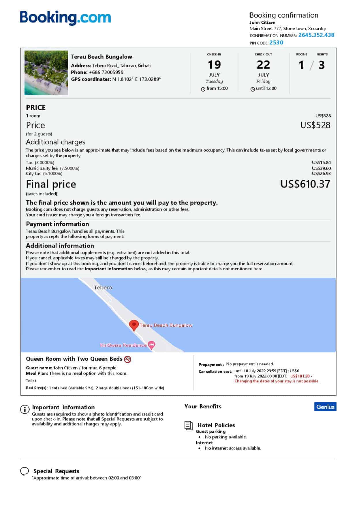 Kiribati hotel booking confirmation Word and PDF template, 2 pages Kiribati hotel booking confirmation Word and PDF template, 2 pages f