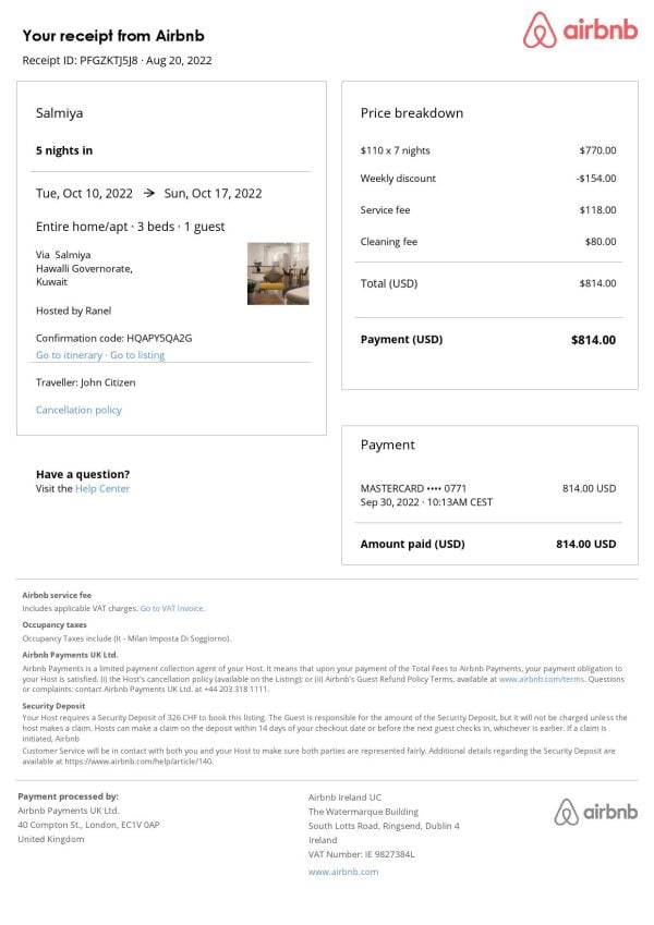 Kuwait Airbnb booking confirmation Word and PDF template Kuwait Airbnb booking confirmation Word and PDF template