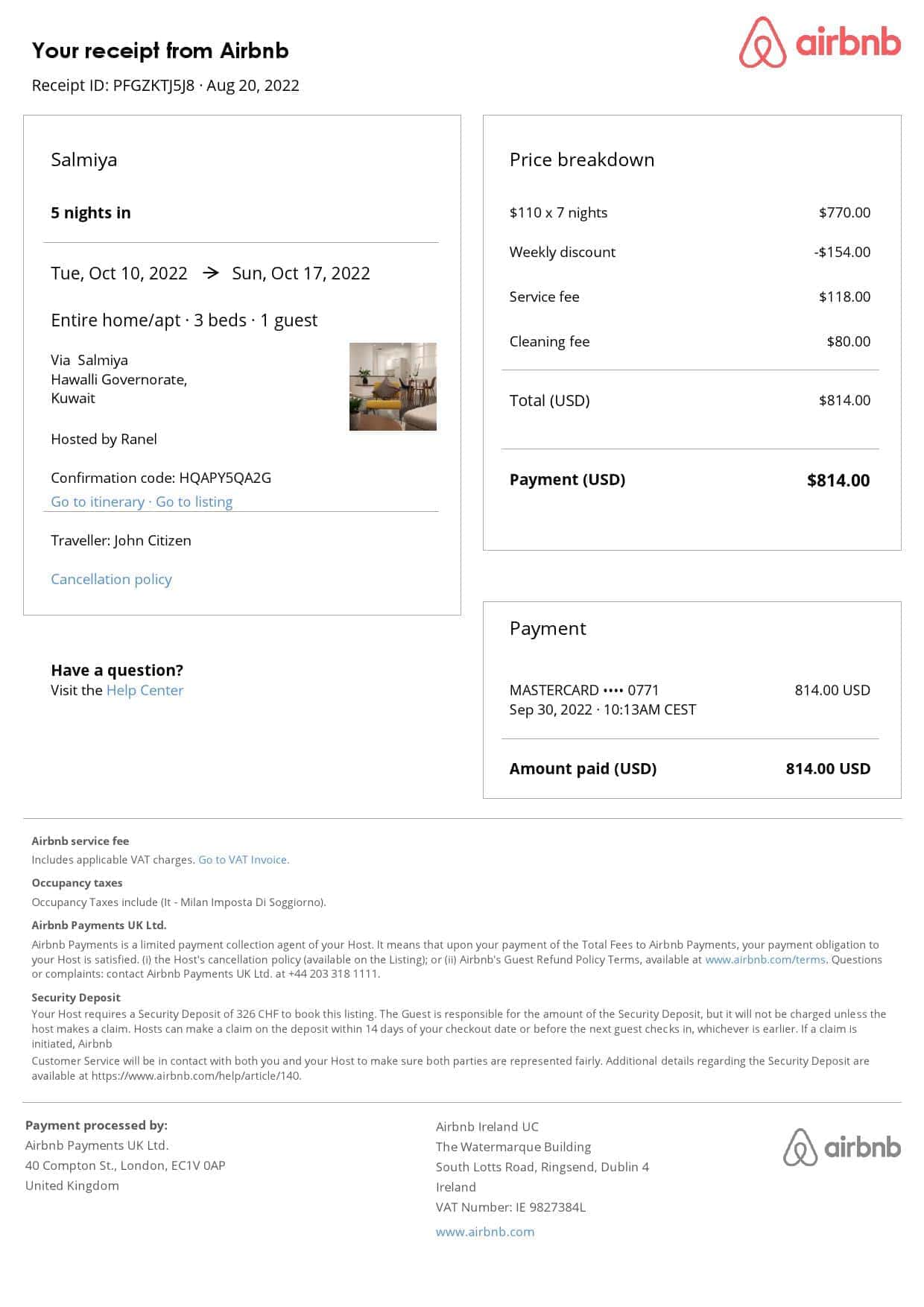 Kuwait Airbnb booking confirmation Word and PDF template Kuwait Airbnb booking confirmation Word and PDF template