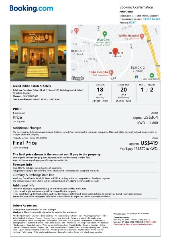 Kuwait hotel booking confirmation Word and PDF template, 2 pages