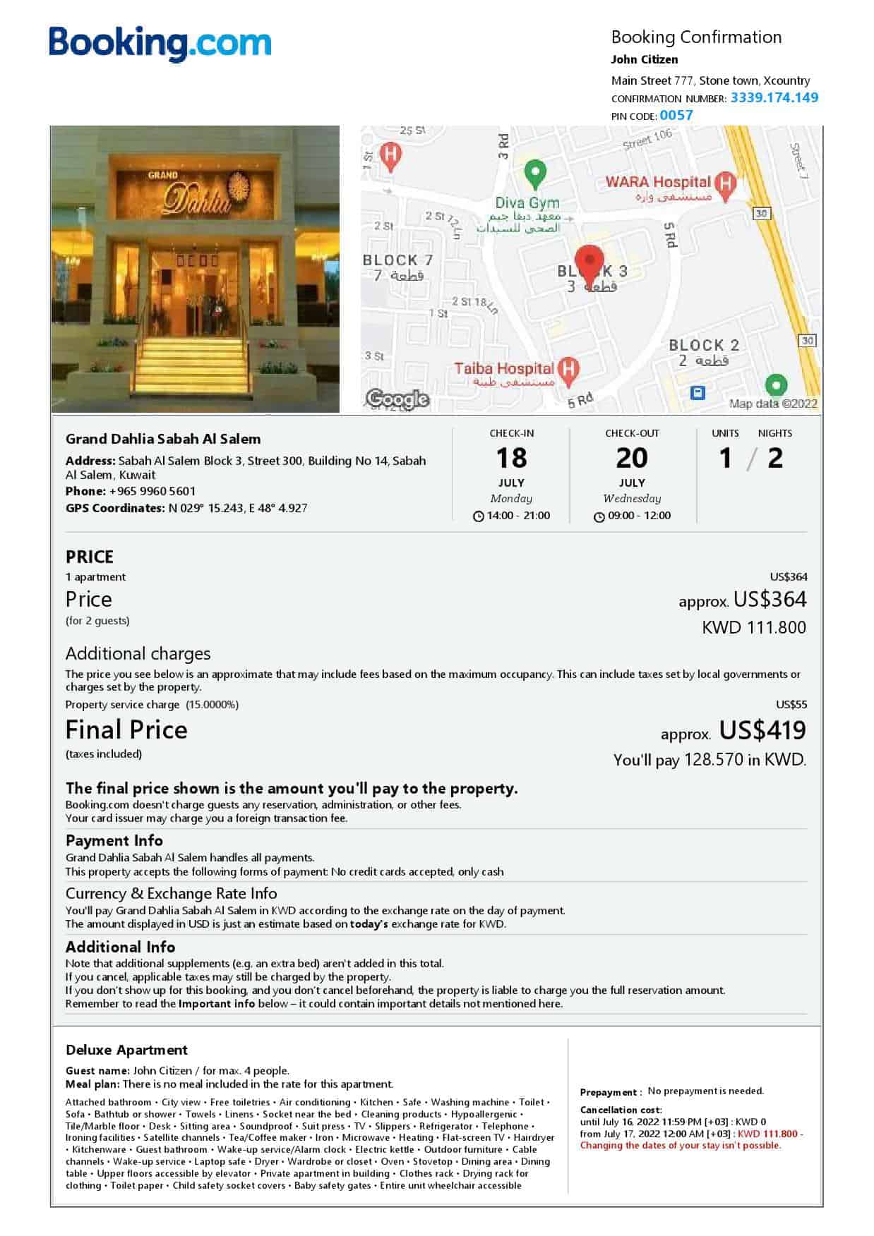 Kuwait hotel booking confirmation Word and PDF template, 2 pages Kuwait hotel booking confirmation Word and PDF template, 2 pages