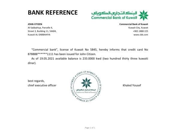 Kuwait Commercial Bank of Kuwait bank account reference letter template in Word and PDF format Kuwait Commercial Bank of Kuwait bank account reference letter template in Word and PDF format