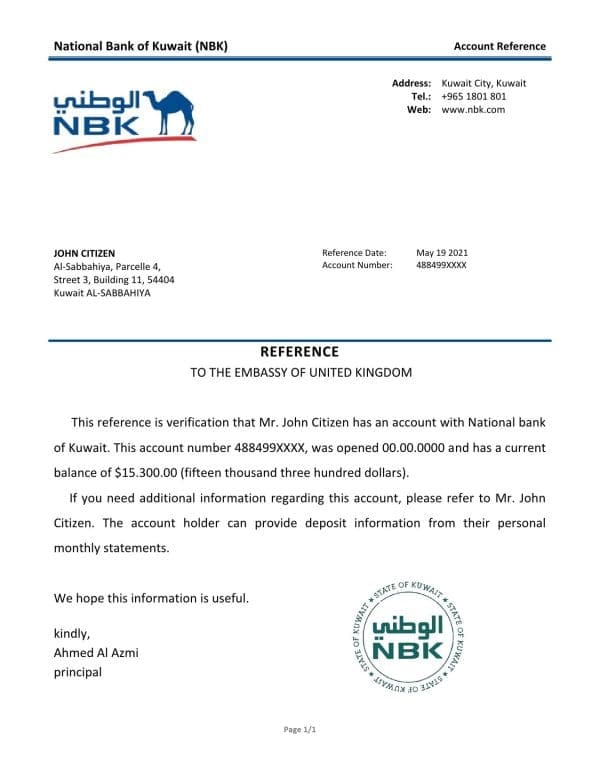 Kuwait National Bank of Kuwait bank account reference letter template in Word and PDF format Kuwait National Bank of Kuwait bank account reference letter template in Word and PDF format