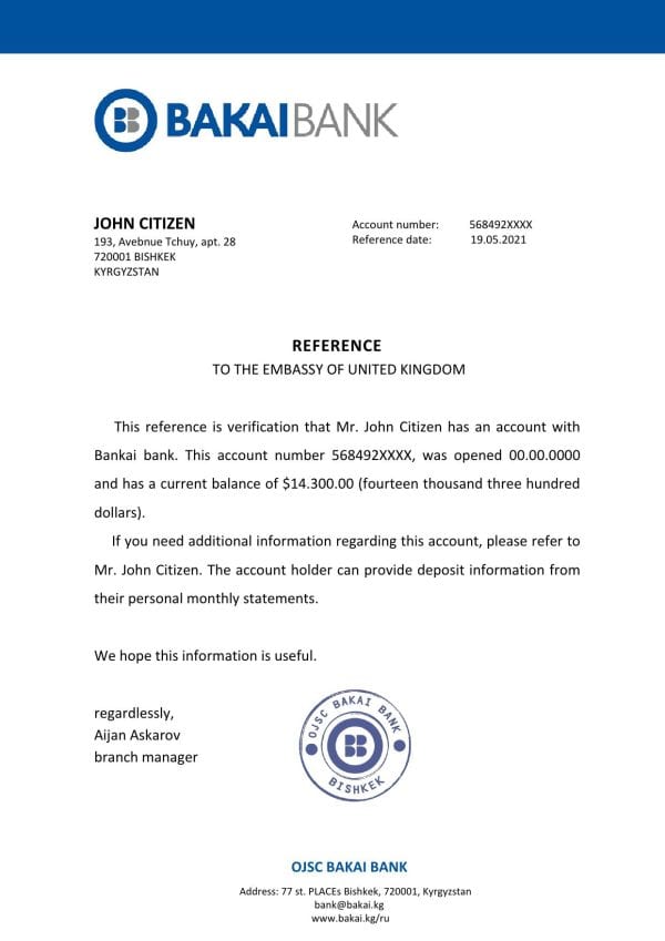 Kyrgyzstan OJSC Bakai Bank bank account reference letter template in Word and PDF format Kyrgyzstan OJSC Bakai Bank bank account reference letter template in Word and PDF format