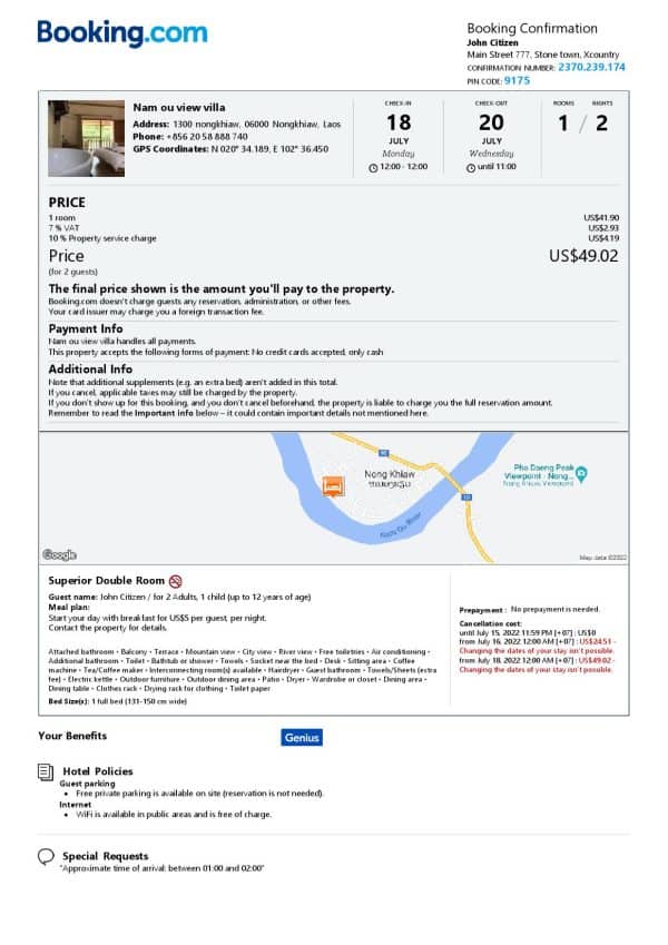 Laos hotel booking confirmation Word and PDF template, 2 pages