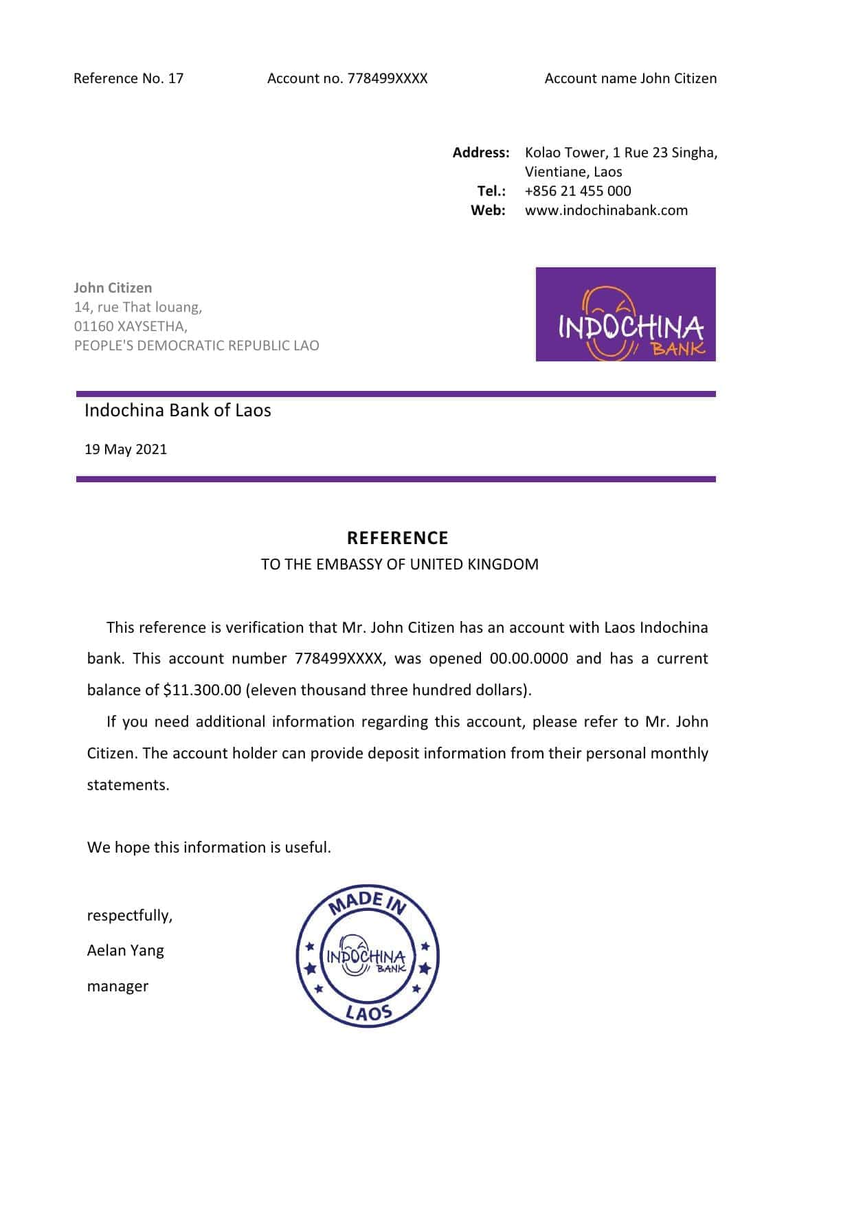 Laos Indochina Bank bank reference letter template in Word and PDF format Laos Indochina Bank bank reference letter template in Word and PDF format