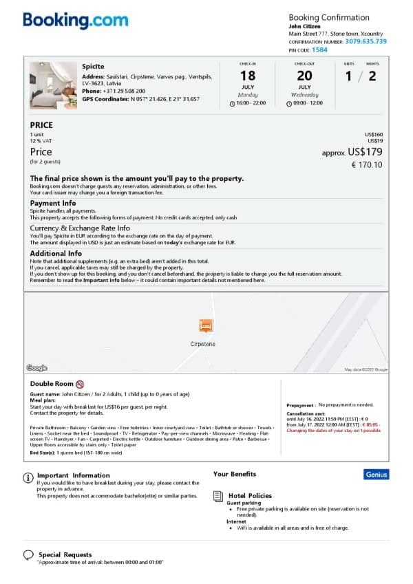 Latvia hotel booking confirmation Word and PDF template, 2 pages