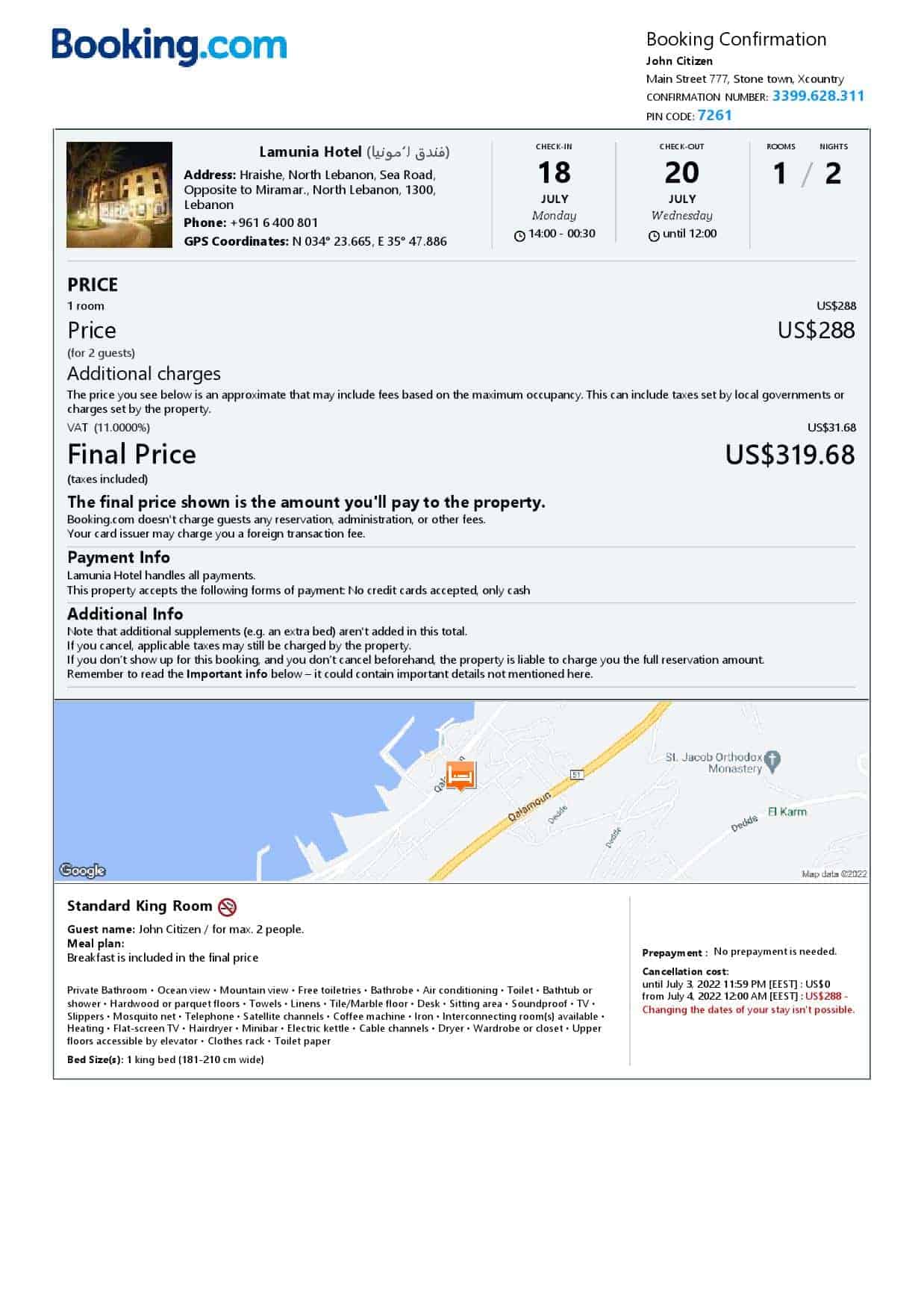 Lebanon hotel booking confirmation Word and PDF template, 2 pages Lebanon hotel booking confirmation Word and PDF template, 2 pages
