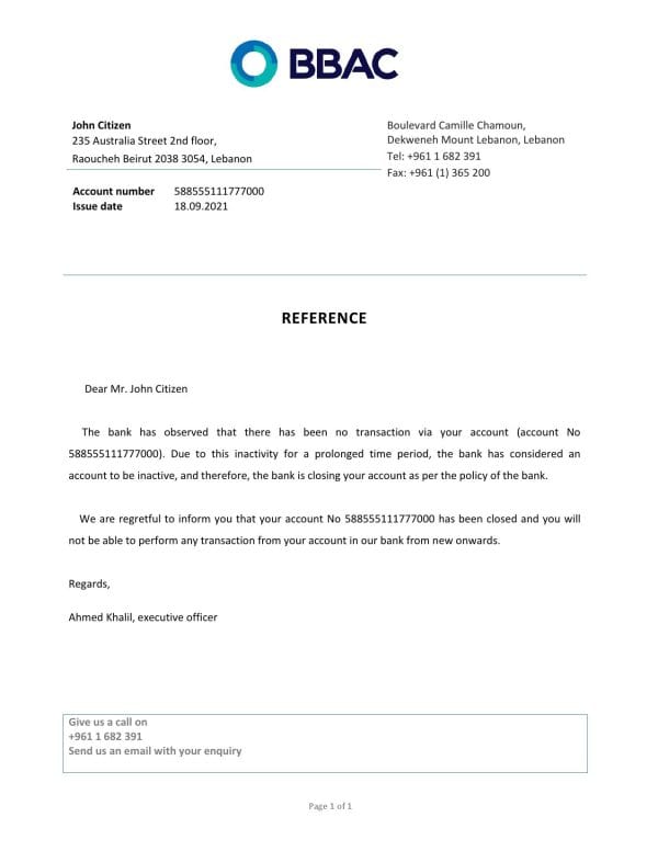 Lebanon Bank of Beirut and the Arab Countries bank account reference letter template in Word and PDF format Lebanon Bank of Beirut and the Arab Countries bank account reference letter template in Word and PDF format