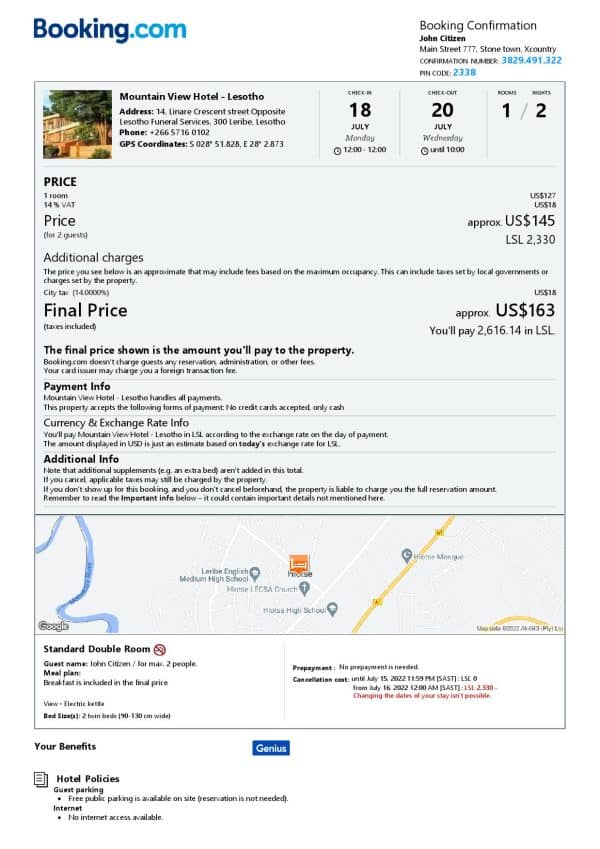 Lesotho hotel booking confirmation Word and PDF template, 2 pages