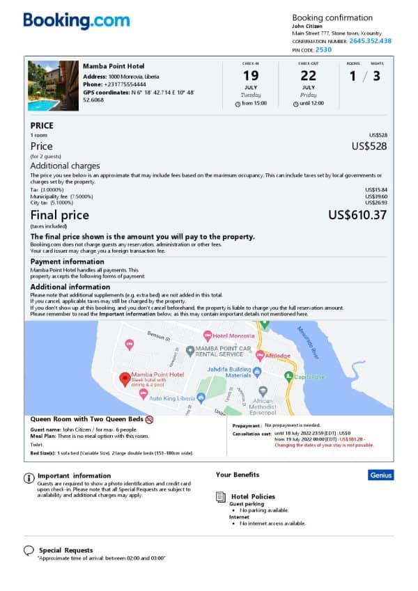 Liberia hotel booking confirmation Word and PDF template, 2 pages