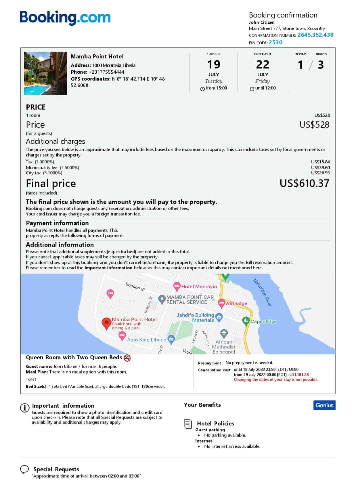 Liberia hotel booking confirmation Word and PDF template, 2 pages Liberia hotel booking confirmation Word and PDF template, 2 pages