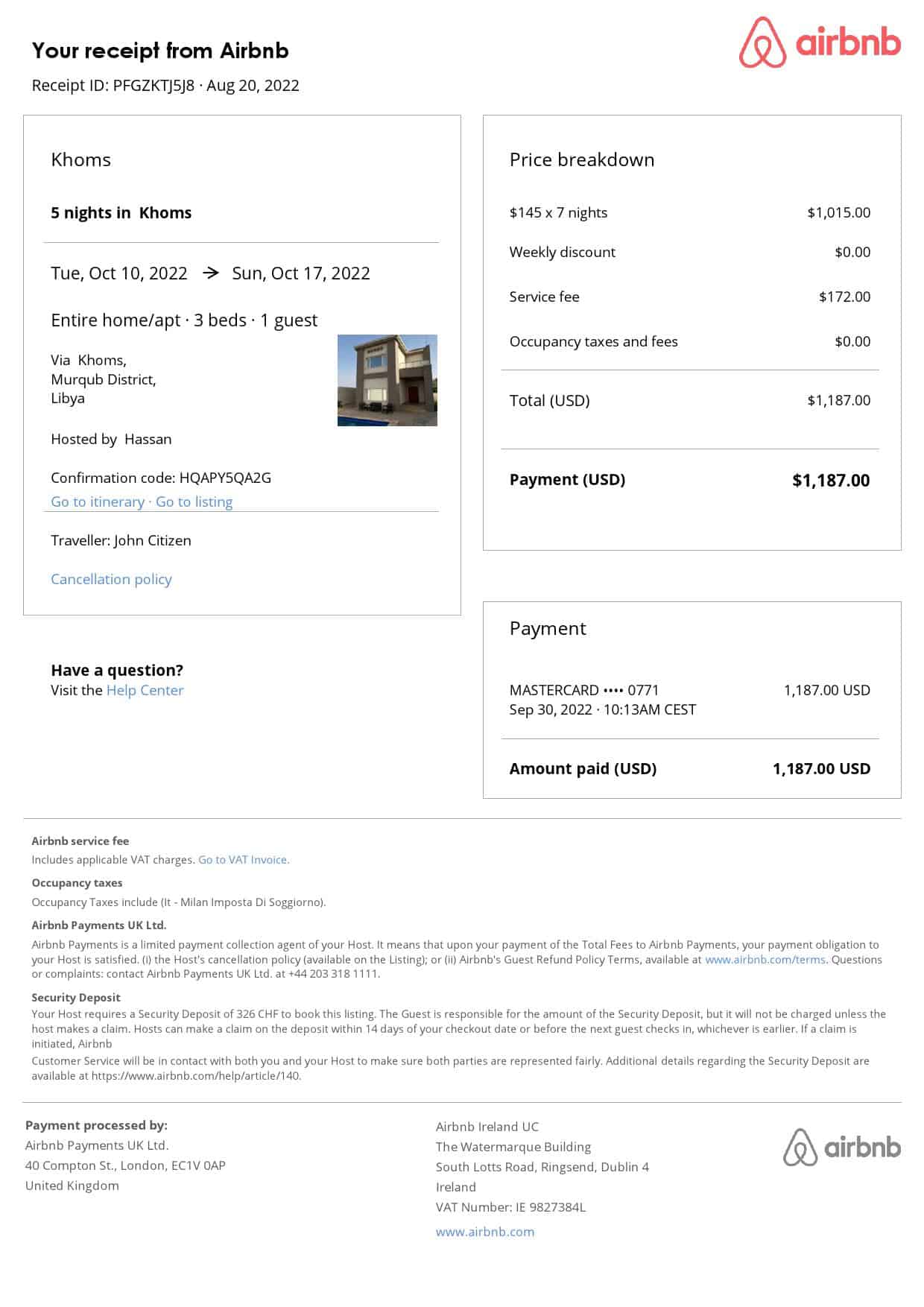 Libya Airbnb booking confirmation Word and PDF template Libya Airbnb booking confirmation Word and PDF template