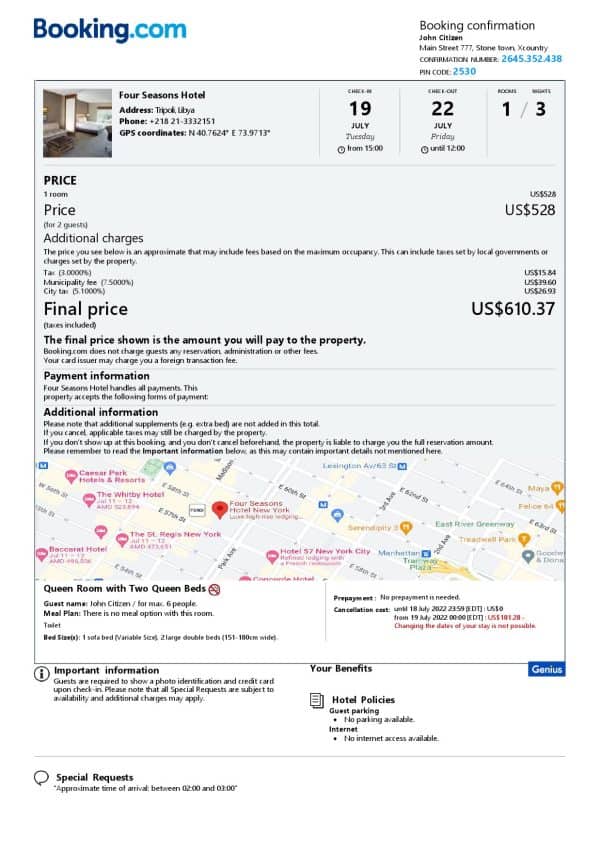 Libya hotel booking confirmation Word and PDF template, 2 pages