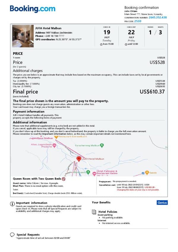 Liechtenstein hotel booking confirmation Word and PDF template, 2 pages