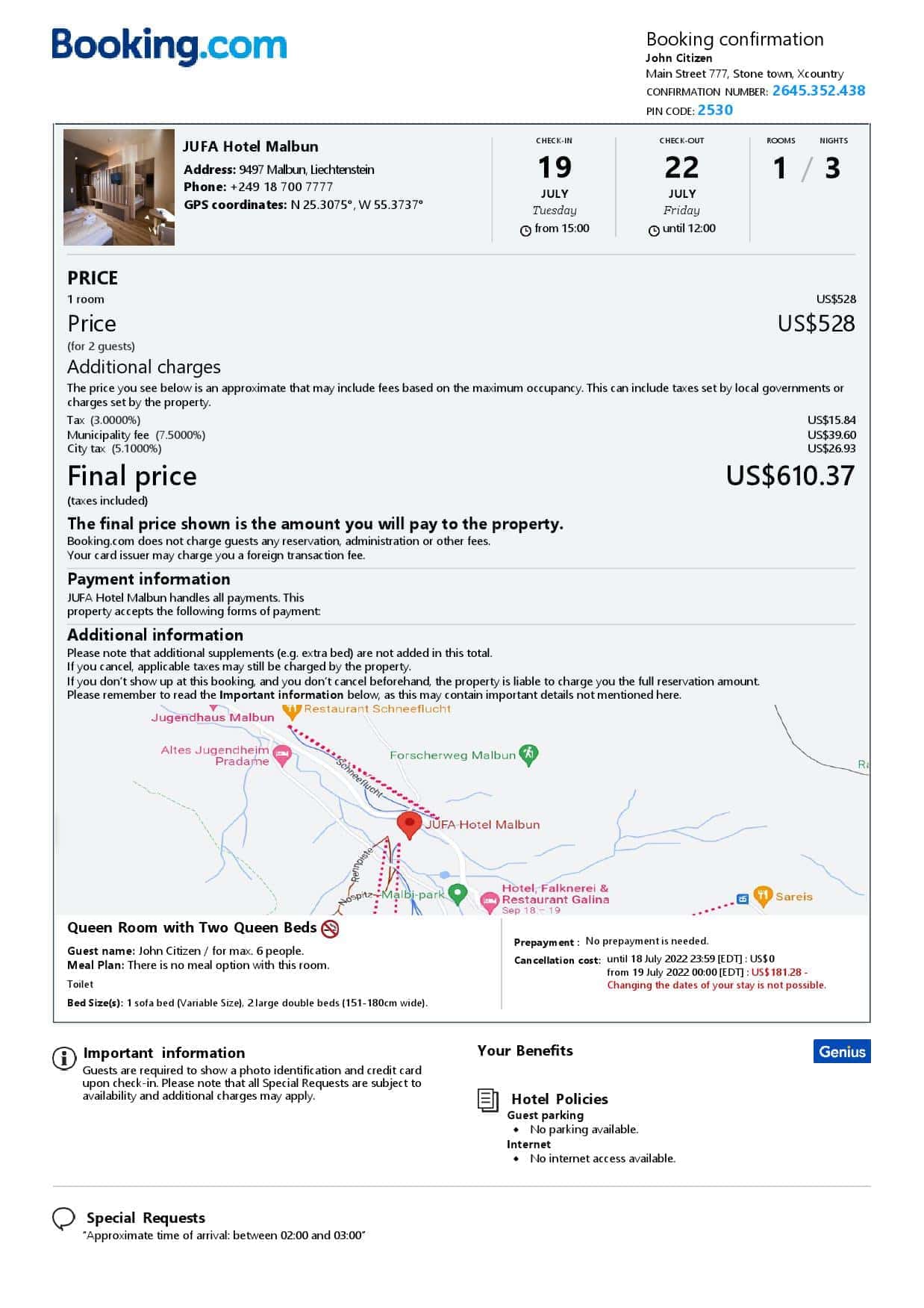 Liechtenstein hotel booking confirmation Word and PDF template, 2 pages Liechtenstein hotel booking confirmation Word and PDF template, 2 pages