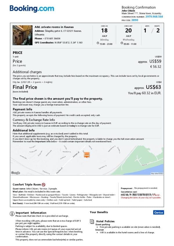 Lithuania hotel booking confirmation Word and PDF template, 2 pages