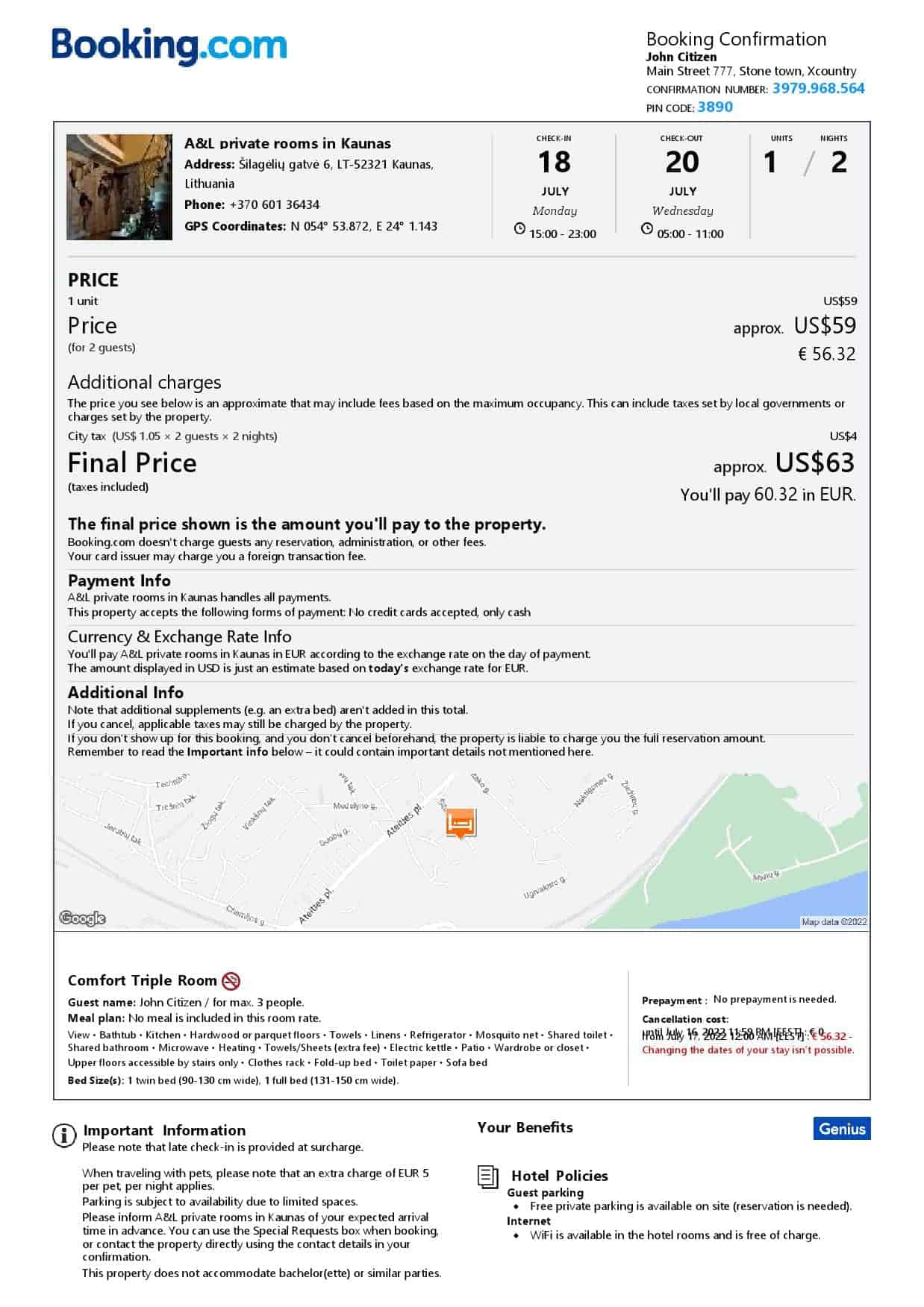Lithuania hotel booking confirmation Word and PDF template, 2 pages Lithuania hotel booking confirmation Word and PDF template, 2 pages