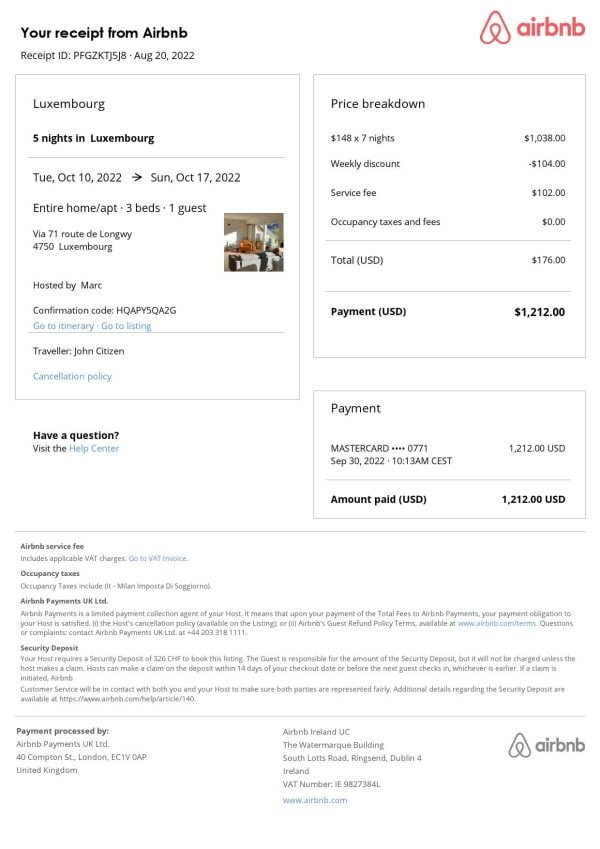 Luxembourg Airbnb booking confirmation Word and PDF template Luxembourg Airbnb booking confirmation Word and PDF template