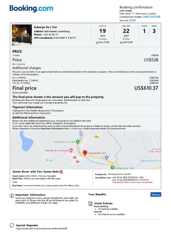 Luxembourg hotel booking confirmation Word and PDF template, 2 pages