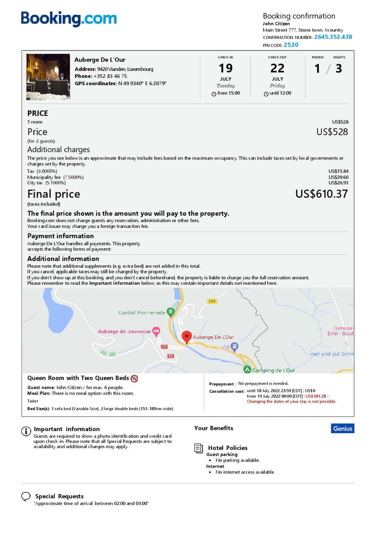 Luxembourg hotel booking confirmation Word and PDF template, 2 pages Luxembourg hotel booking confirmation Word and PDF template, 2 pages