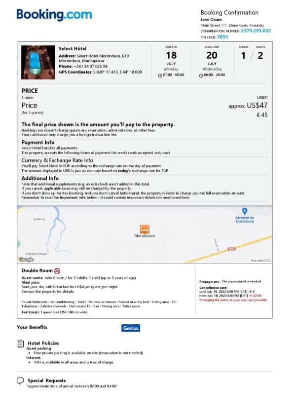 Madagascar hotel booking confirmation Word and PDF template, 2 pages