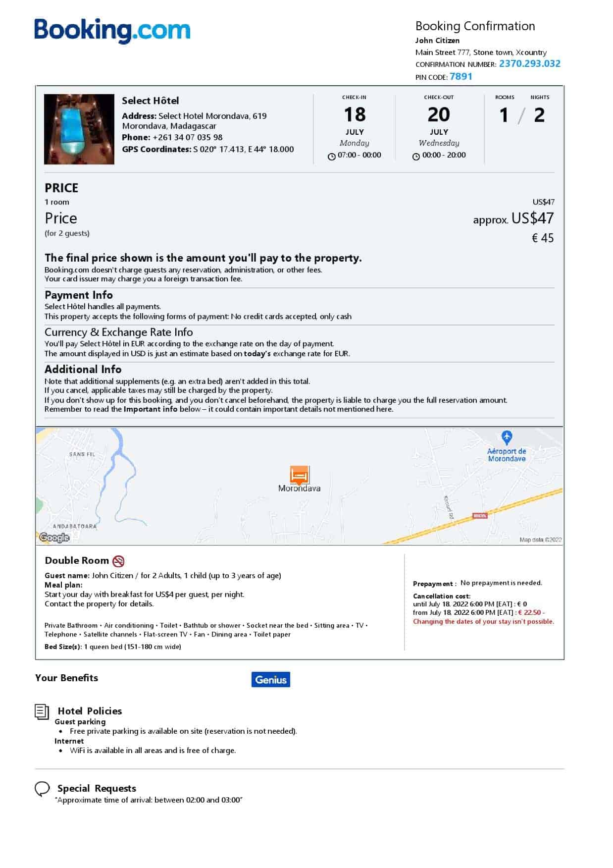 Madagascar hotel booking confirmation Word and PDF template, 2 pages Madagascar hotel booking confirmation Word and PDF template, 2 pages
