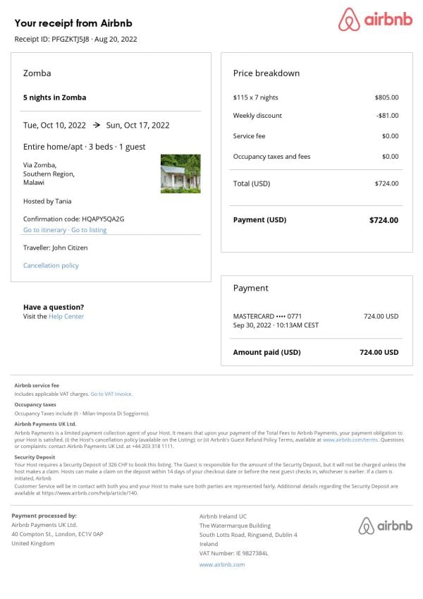 Malawi Airbnb booking confirmation Word and PDF template Malawi Airbnb booking confirmation Word and PDF template