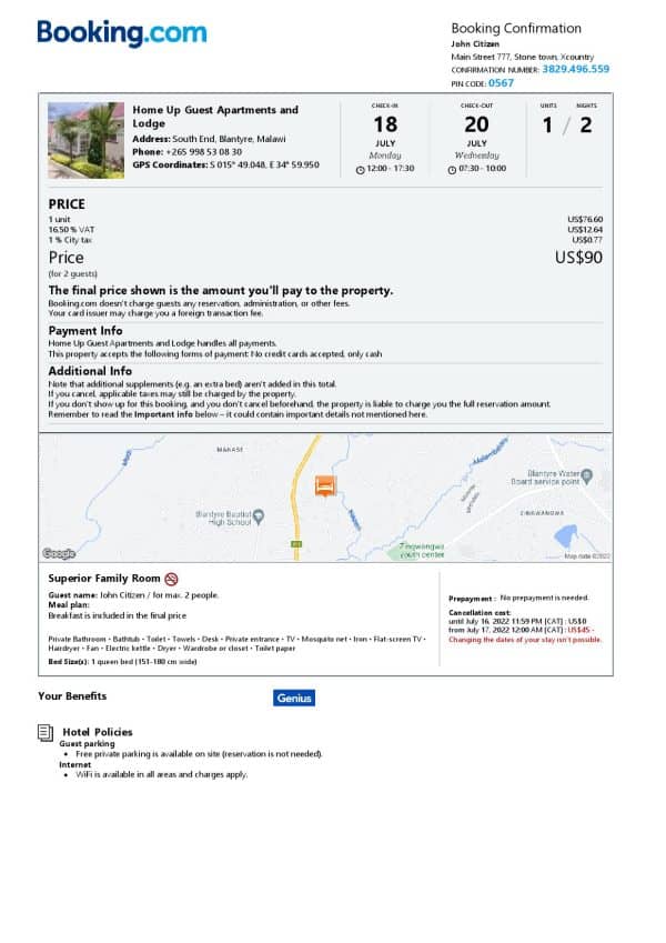 Malawi hotel booking confirmation Word and PDF template, 2 pages