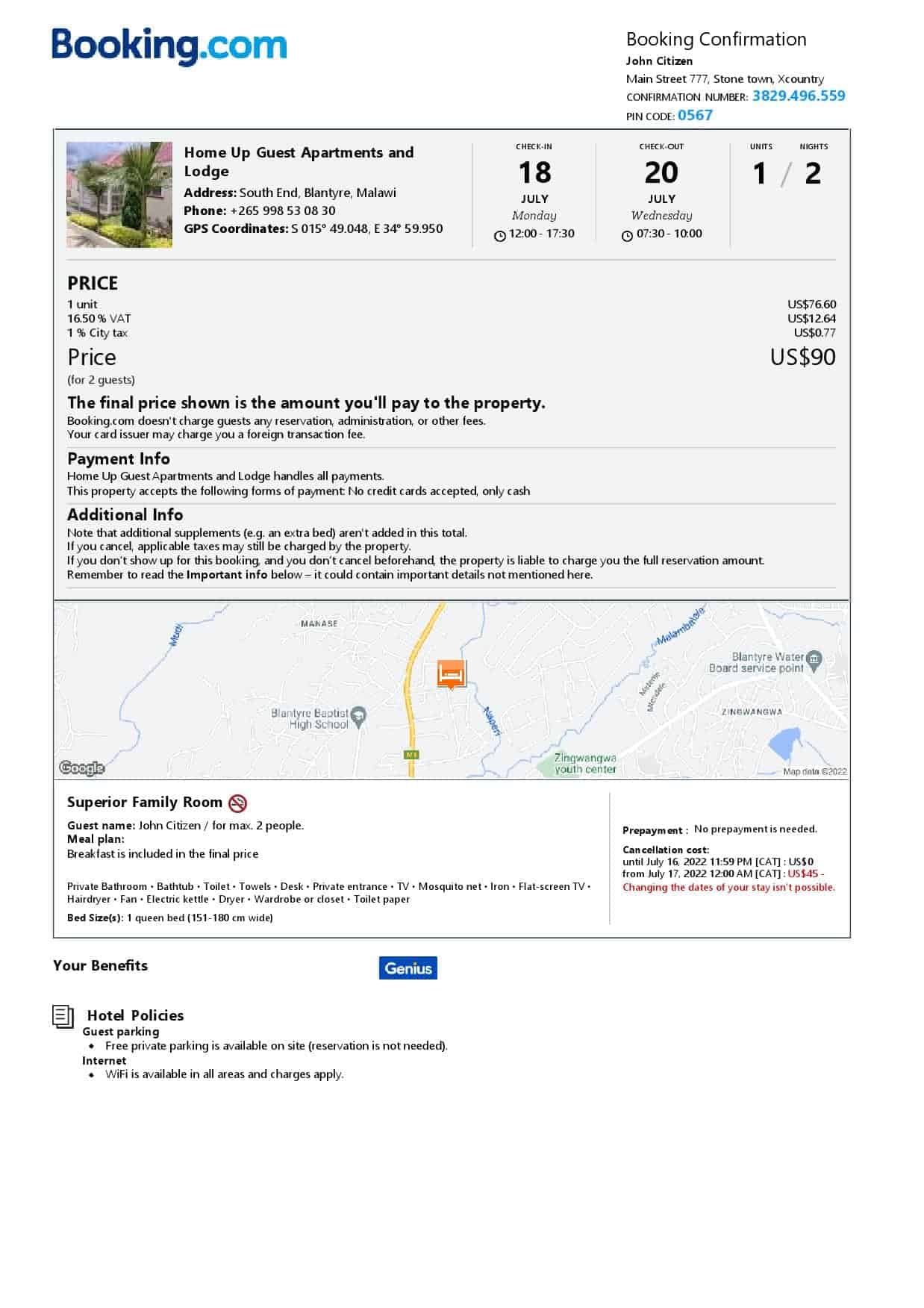 Malawi hotel booking confirmation Word and PDF template, 2 pages Malawi hotel booking confirmation Word and PDF template, 2 pages
