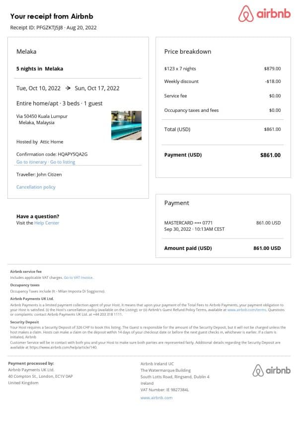 Malaysia Airbnb booking confirmation Word and PDF template Malaysia Airbnb booking confirmation Word and PDF template