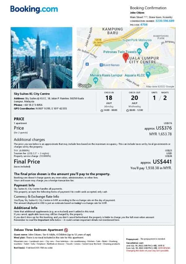 Malaysia hotel booking confirmation Word and PDF template, 2 pages
