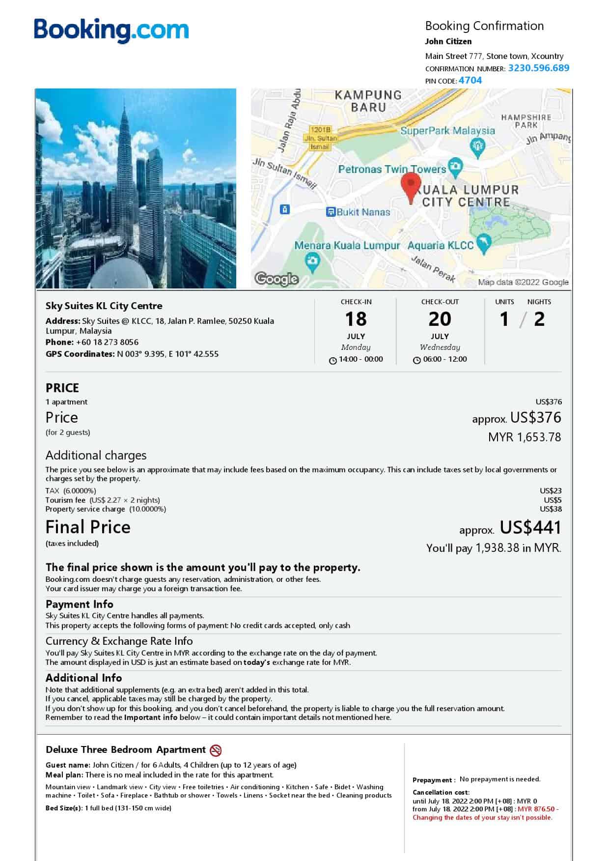 Malaysia hotel booking confirmation Word and PDF template, 2 pages Malaysia hotel booking confirmation Word and PDF template, 2 pages