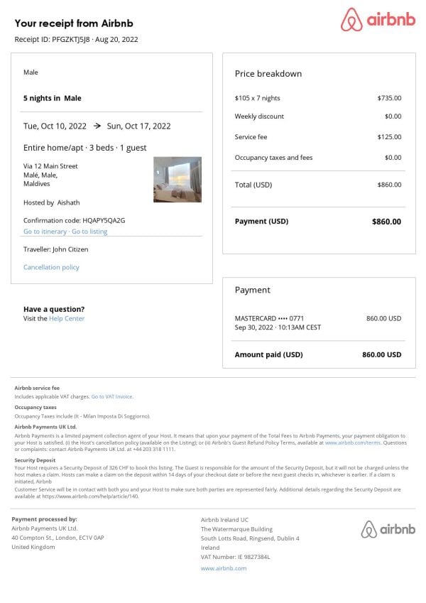Maldives Airbnb booking confirmation Word and PDF template Maldives Airbnb booking confirmation Word and PDF template