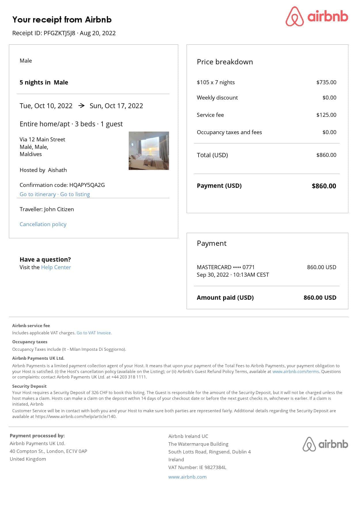 Maldives Airbnb booking confirmation Word and PDF template Maldives Airbnb booking confirmation Word and PDF template
