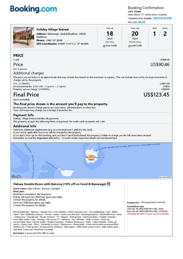 Maldives hotel booking confirmation Word and PDF template, 2 pages