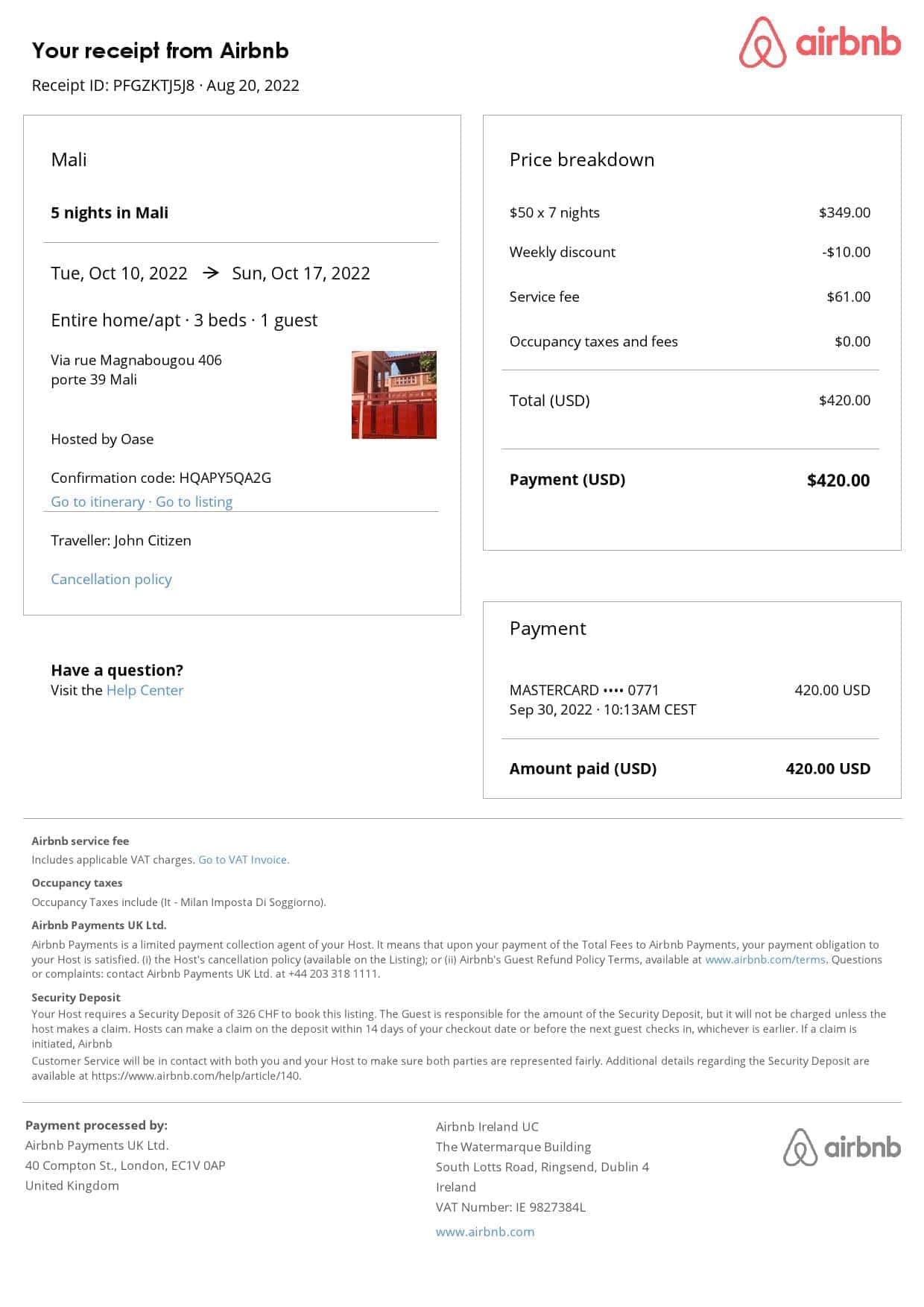 Mali AirbMali Airbnb booking confirmation Word and PDF templatenb Mali Airbnb booking confirmation Word and PDF template