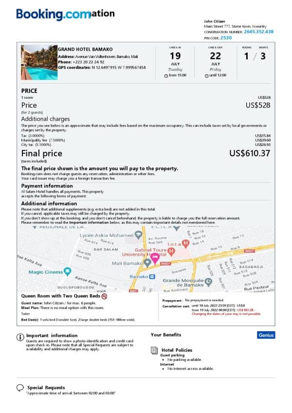 Mali hotel booking confirmation Word and PDF template, 2 pages
