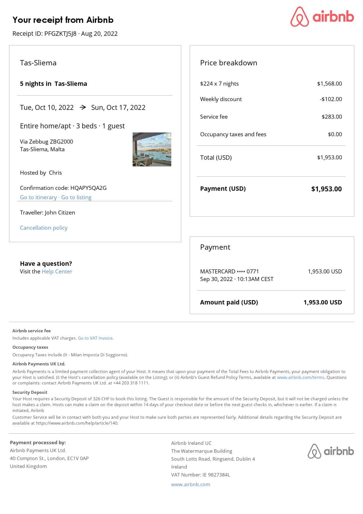 Malta Airbnb booking confirmation Word and PDF template Malta Airbnb booking confirmation Word and PDF template