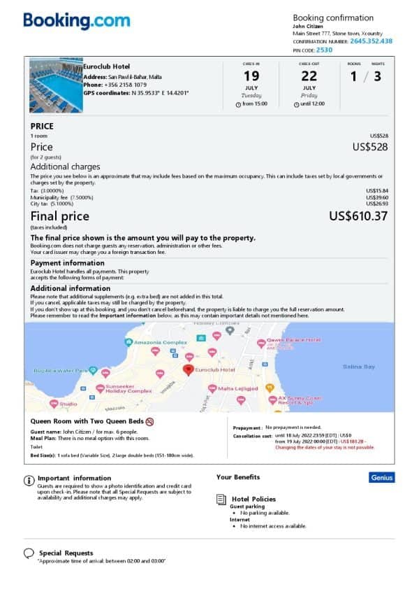 Malta hotel booking confirmation Word and PDF template, 2 pages