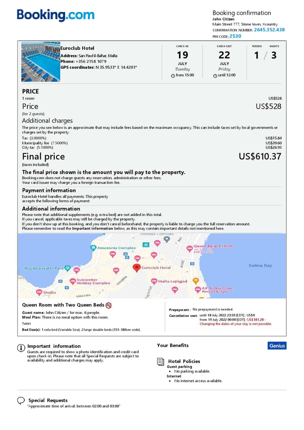 Malta hotel booking confirmation Word and PDF template, 2 pages Malta hotel booking confirmation Word and PDF template, 2 pages