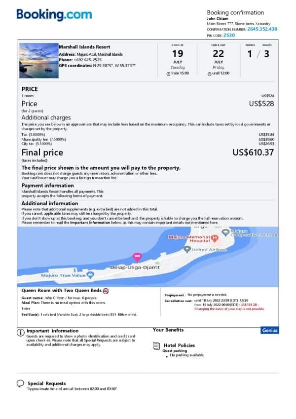 Marshall Islands hotel booking confirmation Word and PDF template, 2 pages