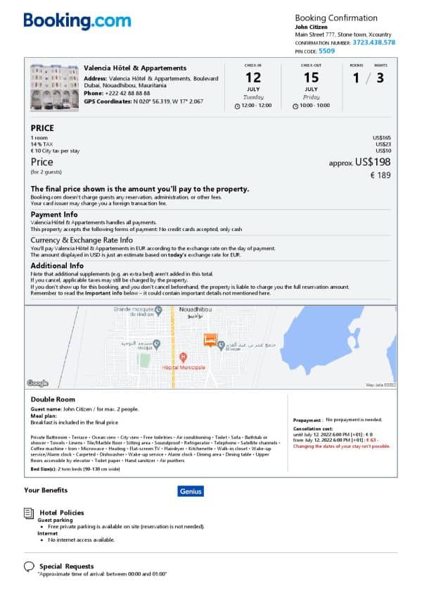 Mauritania hotel booking confirmation Word and PDF template, 2 pages