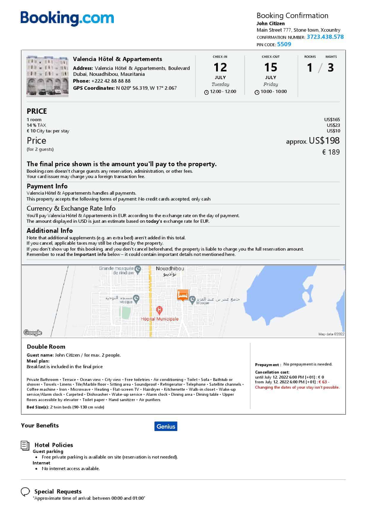 Mauritania hotel booking confirmation Word and PDF template, 2 pages Mauritania hotel booking confirmation Word and PDF template, 2 pages