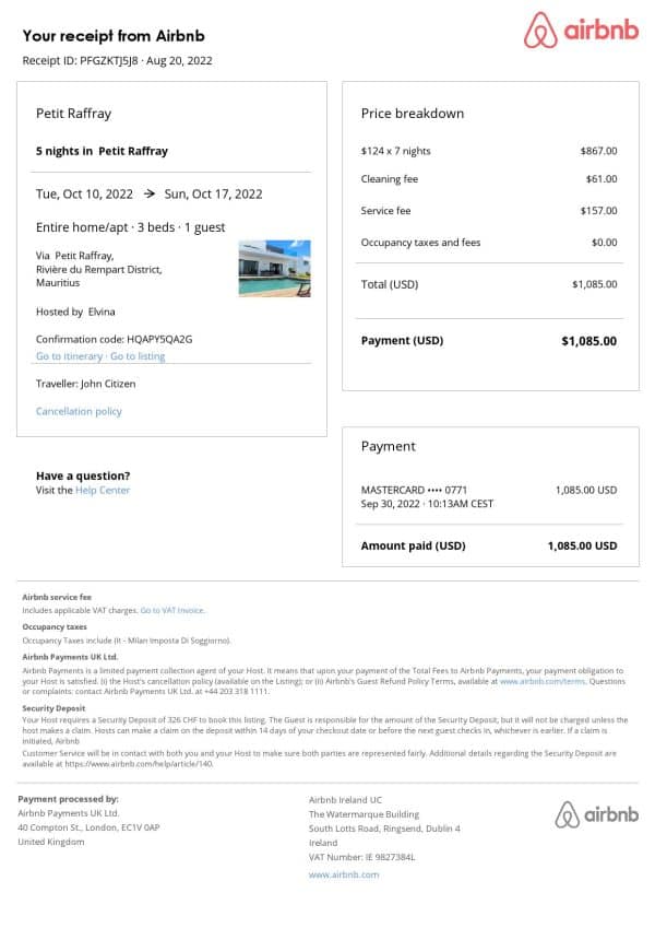 Mauritius Airbnb booking confirmation Word and PDF template Mauritius Airbnb booking confirmation Word and PDF template