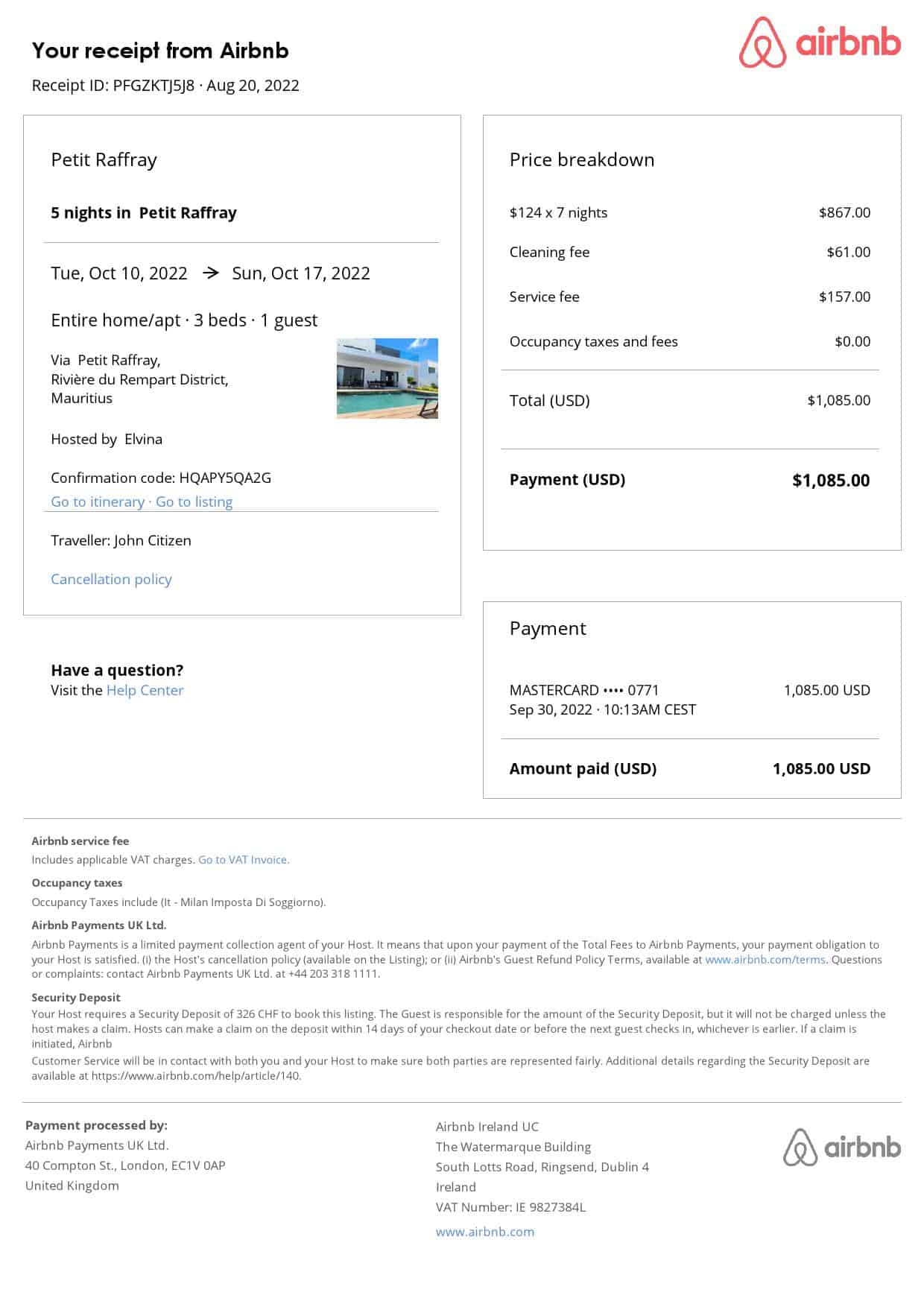 Mauritius Airbnb booking confirmation Word and PDF template Mauritius Airbnb booking confirmation Word and PDF template
