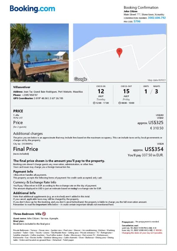 Mauritius hotel booking confirmation Word and PDF template, 2 pages