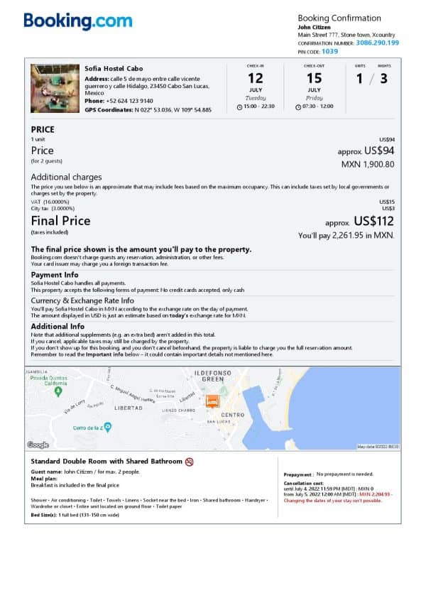 Mexico hotel booking confirmation Word and PDF template, 2 pages